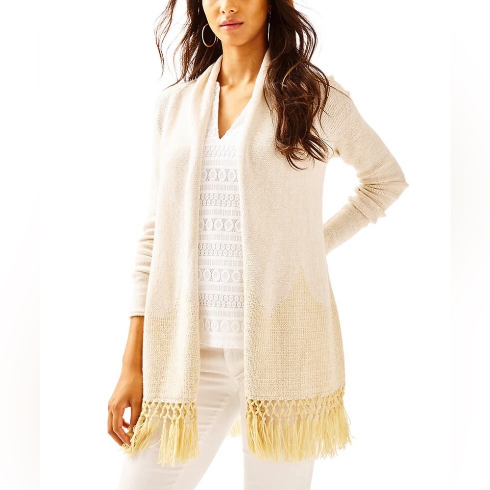 🌴 Lilly Pulitzer Cream Knit Cardigan with Fringe – Size Small 🌾